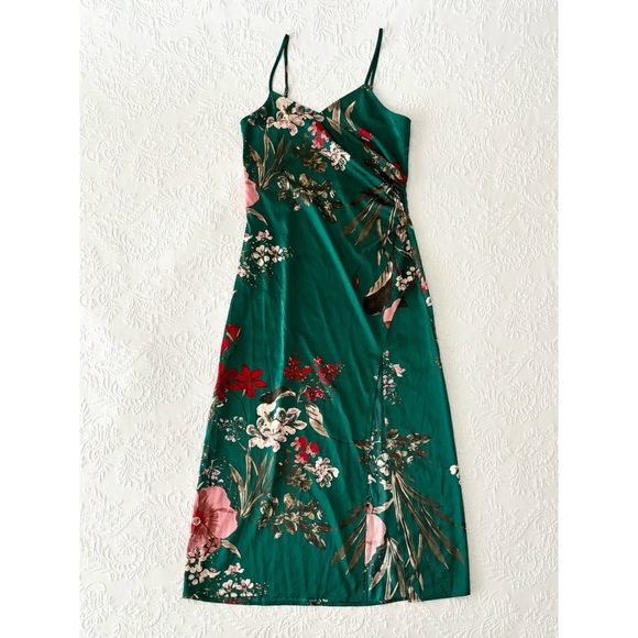 Lulus Remarkable Entrance Emerald Green Floral Print Satin Midi Dress Small - Picture 2 of 9